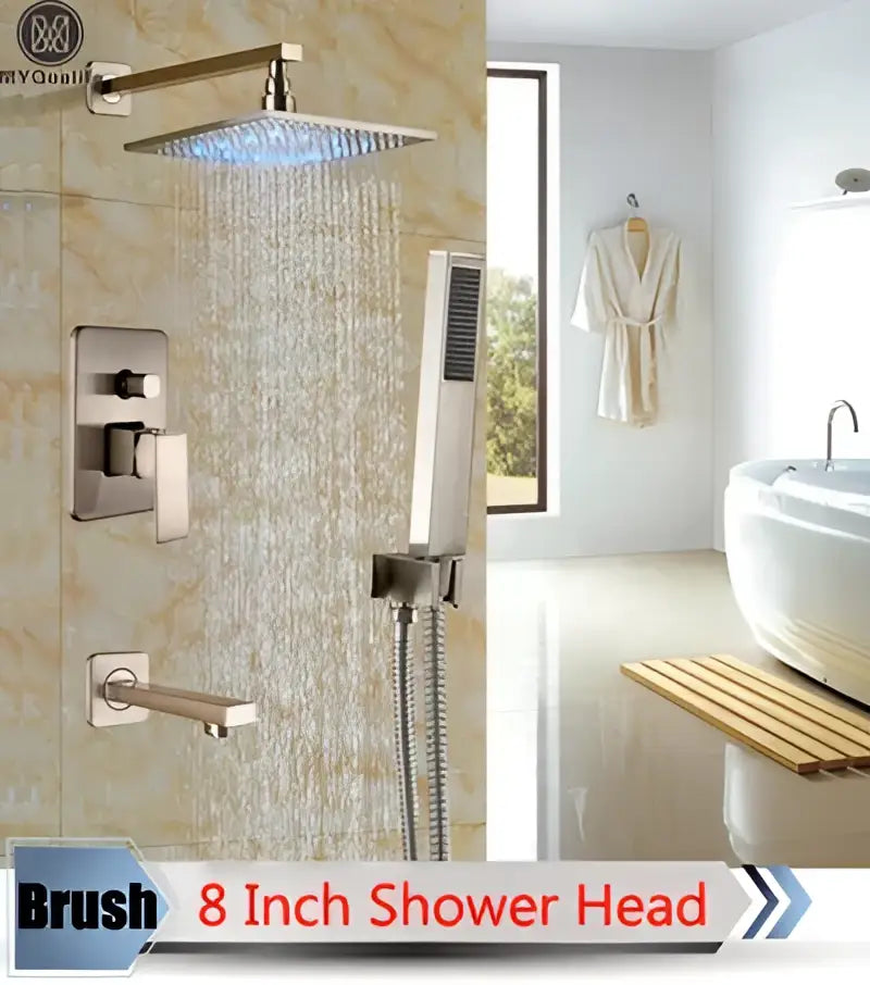 Modern brushed nickel rainfall shower set with blue led for bathroom