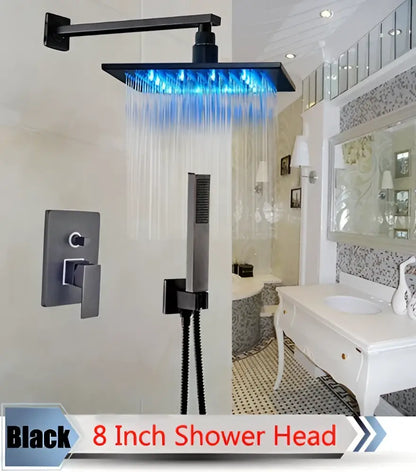 Modern brushed nickel rainfall shower set with blue led for bathroom