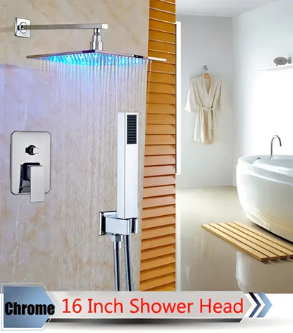 Modern brushed nickel rainfall shower set with blue led for bathroom