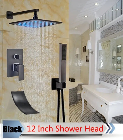 Modern brushed nickel rainfall shower set with blue led for bathroom