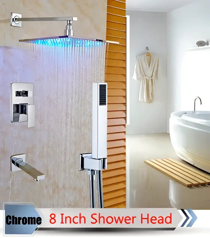 Modern brushed nickel rainfall shower set with blue led for bathroom