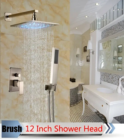 Modern brushed nickel rainfall shower set with blue led for bathroom