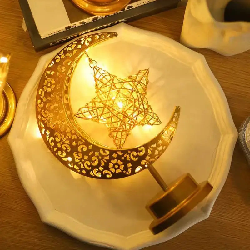 Golden filigree led ramadan moon table lamp bedroom decor