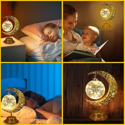 Golden filigree led ramadan moon table lamp bedroom decor