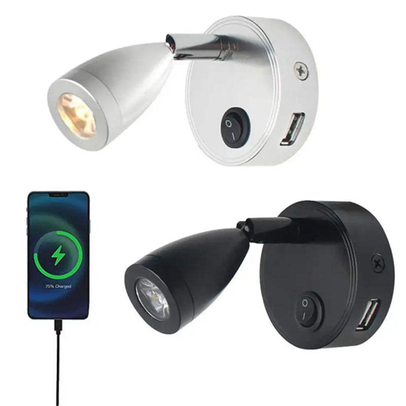Silver & black led reading light with usb port bedroom spotlight