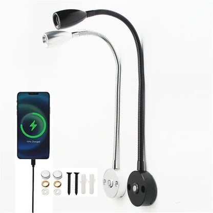 Modern black & silver led reading light bedroom gooseneck desk lamp
