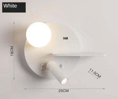 Modern black & white led reading wall lamp bedroom storage