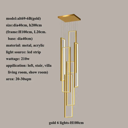 Modern gold led rectangle staircase chandelier living room light