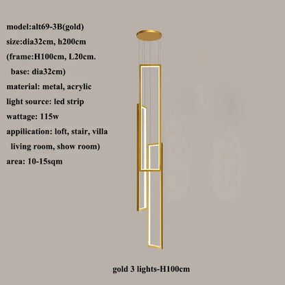 Modern gold led rectangle staircase chandelier living room light
