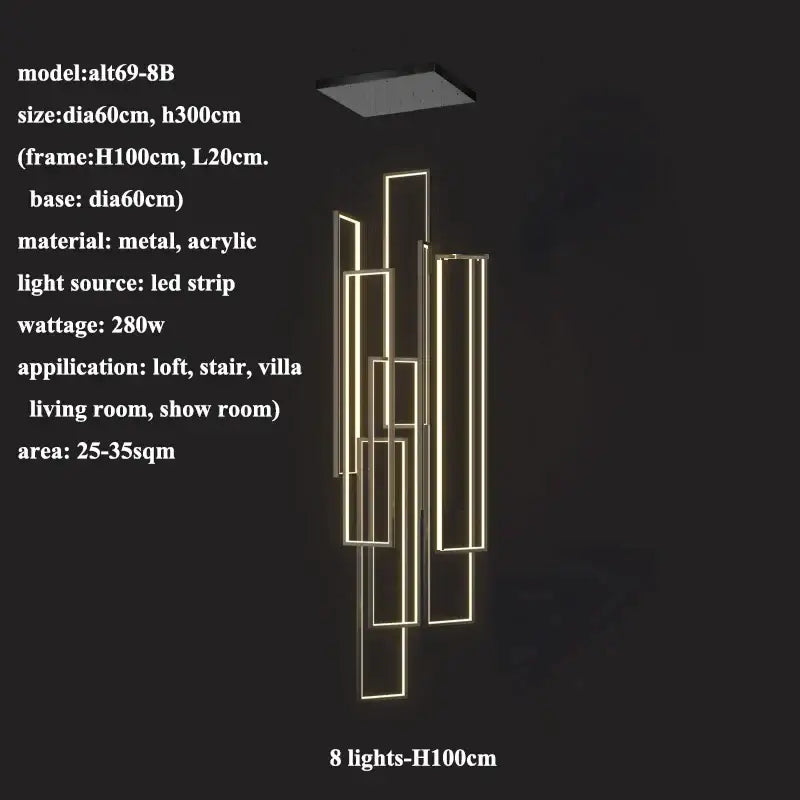 Modern gold led rectangle staircase chandelier living room light