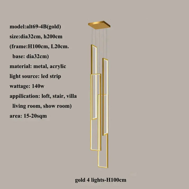 Modern gold led rectangle staircase chandelier living room light