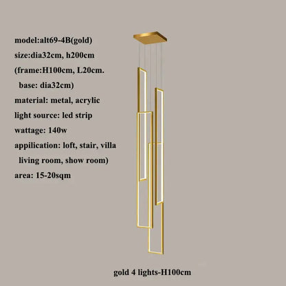 Modern gold led rectangle staircase chandelier living room light