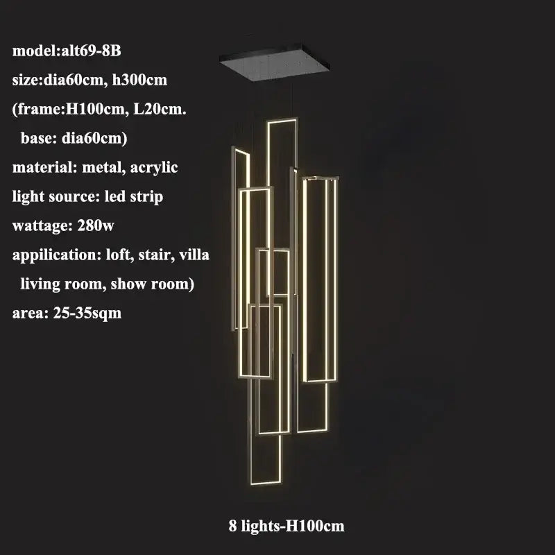 Modern gold led rectangle staircase chandelier living room