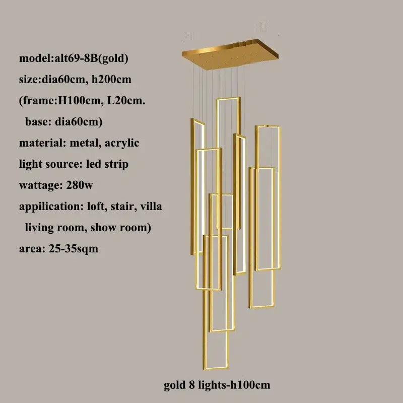 Modern gold led rectangle staircase chandelier living room