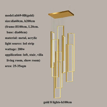 Modern gold led rectangle staircase chandelier living room