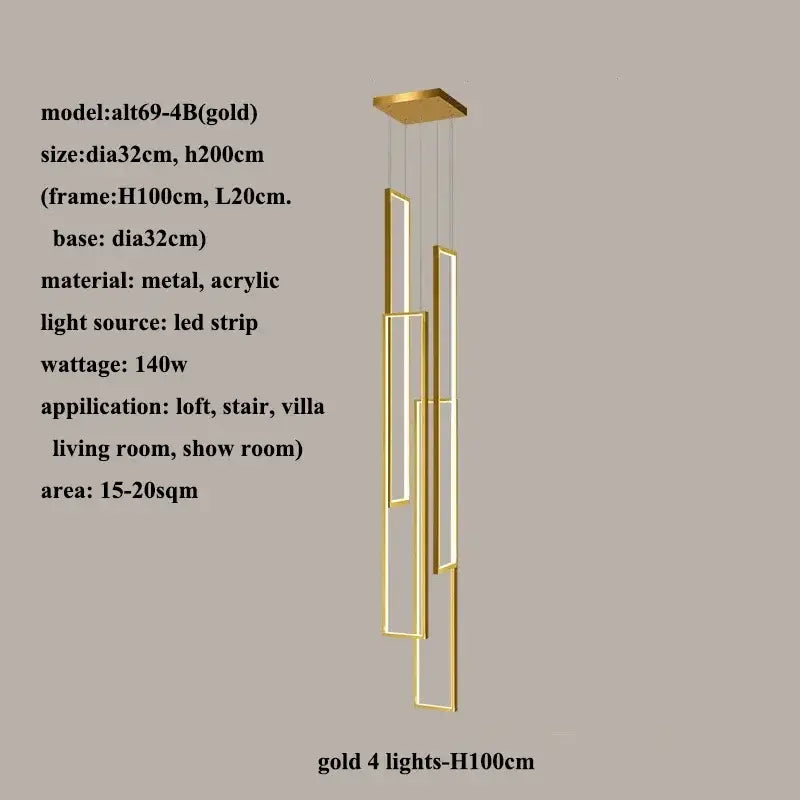 Modern gold led rectangle staircase chandelier living room