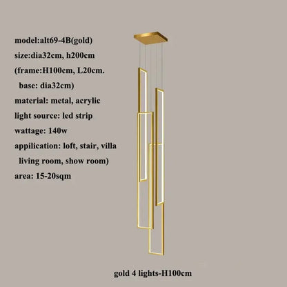 Modern gold led rectangle staircase chandelier living room