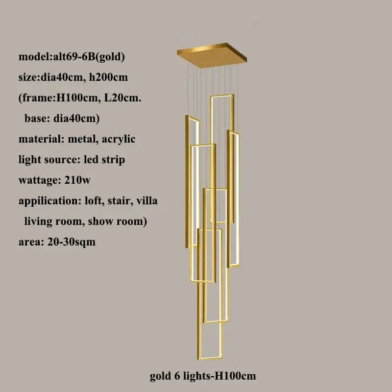 Modern gold led rectangle staircase chandelier living room