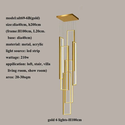Modern gold led rectangle staircase chandelier living room