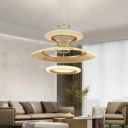 Modern gold & white woven mesh led ring chandelier living room