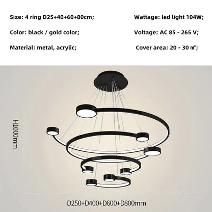 Modern black led ring chandelier dining room hanging light