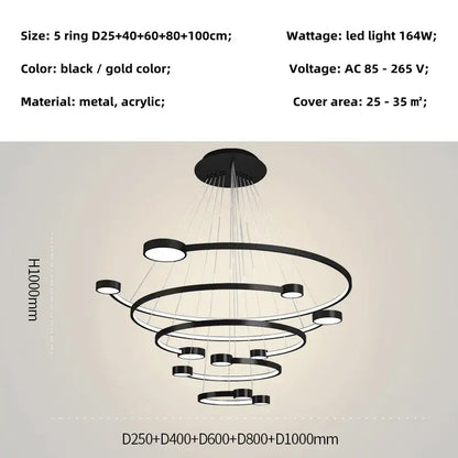 Modern black led ring chandelier dining room hanging light