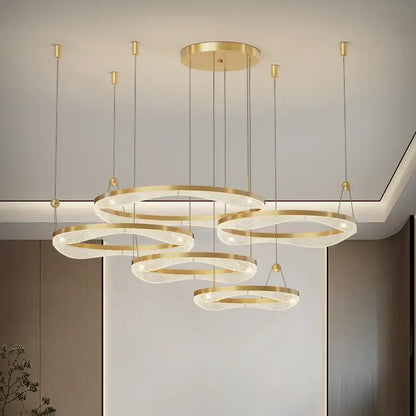 Modern gold interlocking led ring pendant chandelier living room