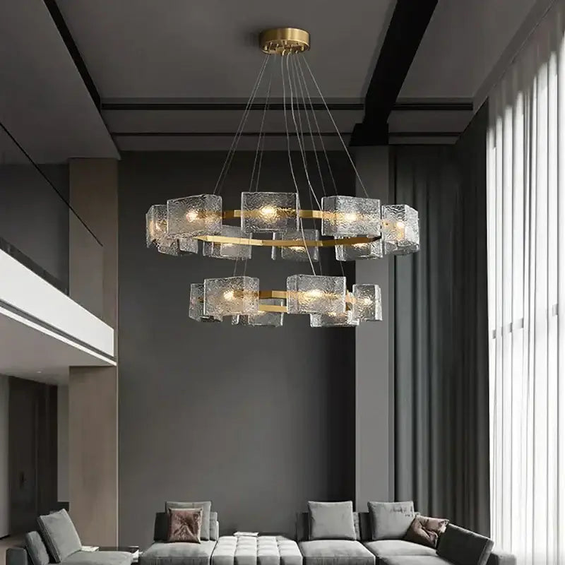 Modern gold led ripples glass cube chandelier for living room