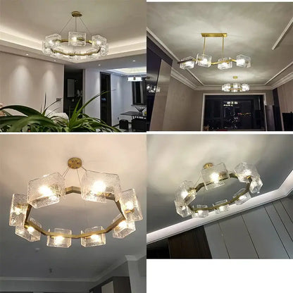 Modern gold led ripples glass cube chandelier for living room
