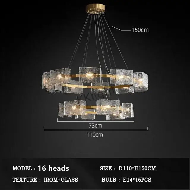 Modern gold led ripples glass cube chandelier for living room