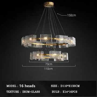Modern gold led ripples glass cube chandelier for living room