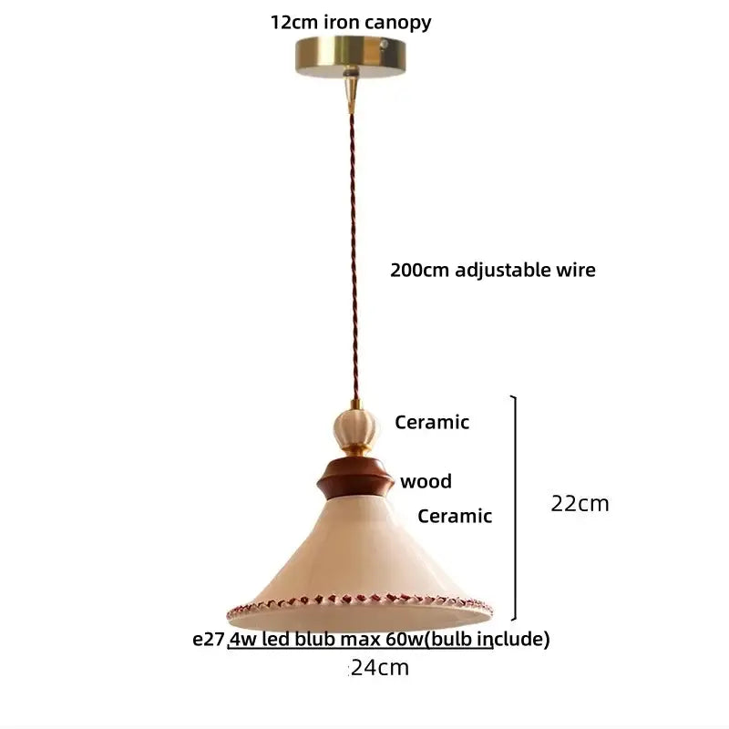 Cream ceramic rose flower pendant lamp with wood for dining room