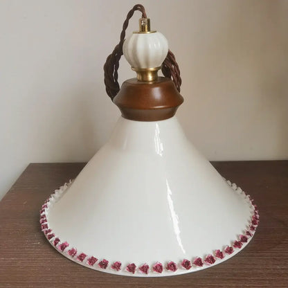 Cream ceramic rose flower pendant lamp with wood for dining room