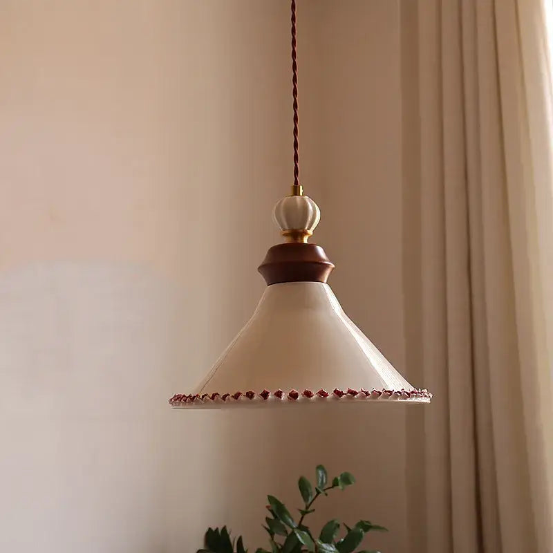 Cream ceramic rose flower pendant lamp with wood for dining room