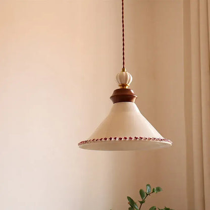 Cream ceramic rose flower pendant lamp with wood for dining room