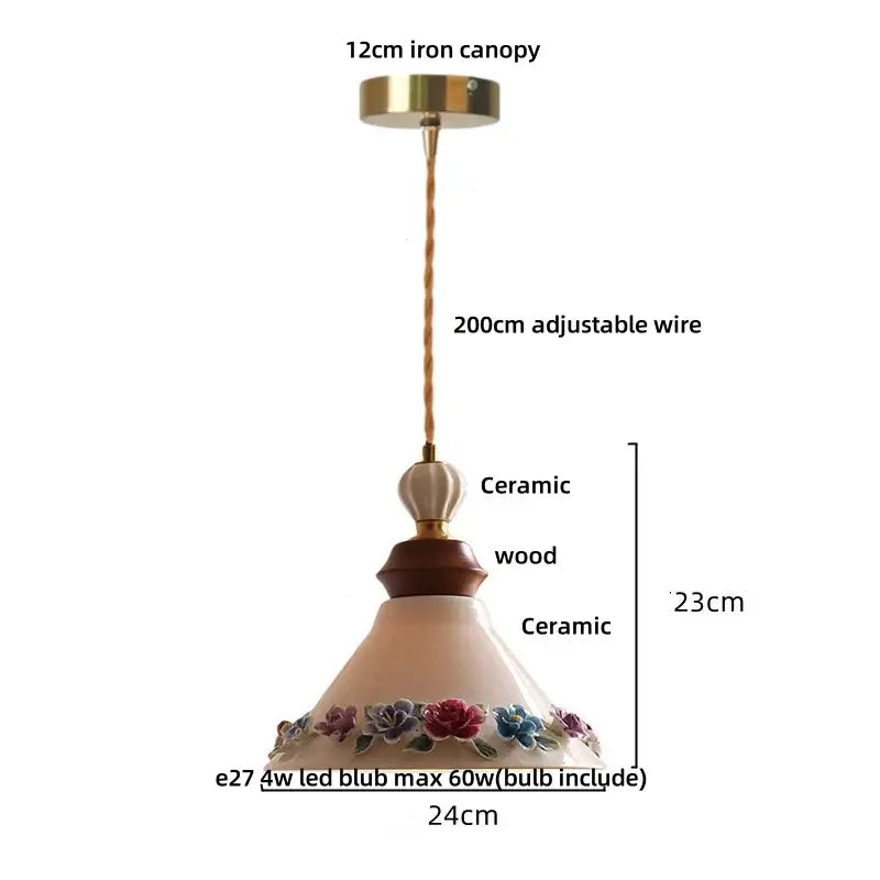 Cream ceramic rose flower pendant lamp with wood for dining room