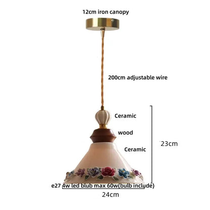 Cream ceramic rose flower pendant lamp with wood for dining room