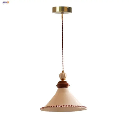 Cream ceramic rose flower pendant lamp with wood for dining room