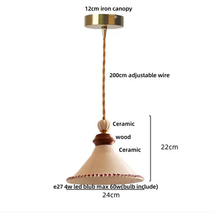 Cream ceramic rose flower pendant lamp with wood for dining room