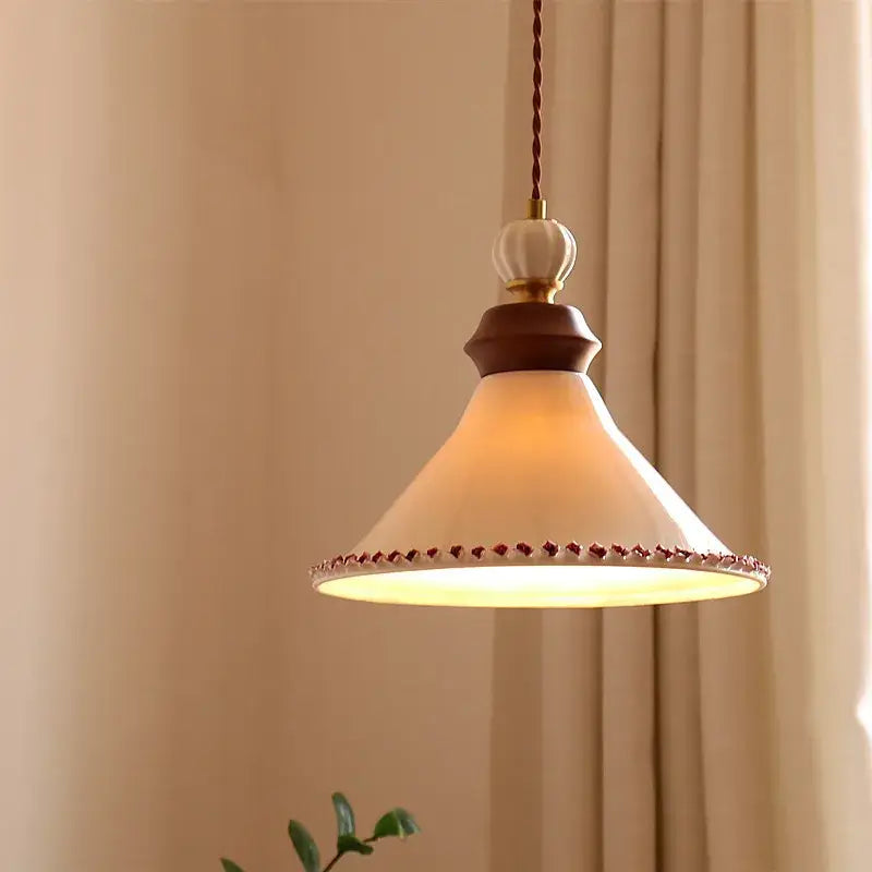 Cream ceramic rose flower pendant lamp with wood for dining room