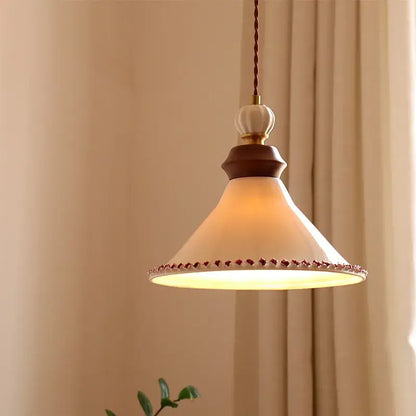 Cream ceramic rose flower pendant lamp with wood for dining room
