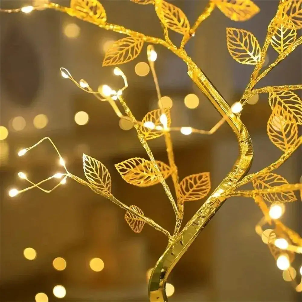 Golden tree fairy light rose leaf lamp – bedroom decoration