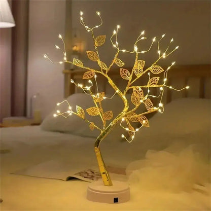Golden tree fairy light rose leaf lamp – bedroom decoration