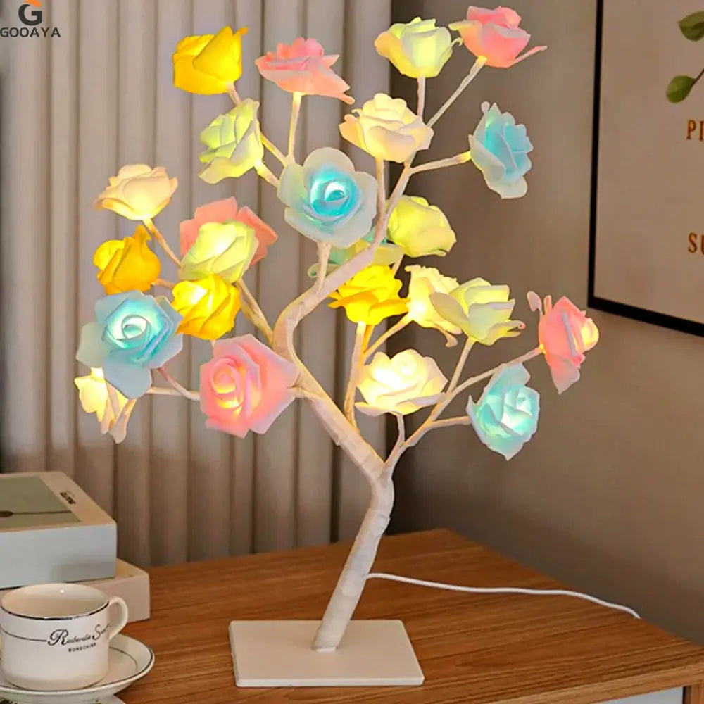 Golden tree fairy light rose leaf lamp – bedroom decoration