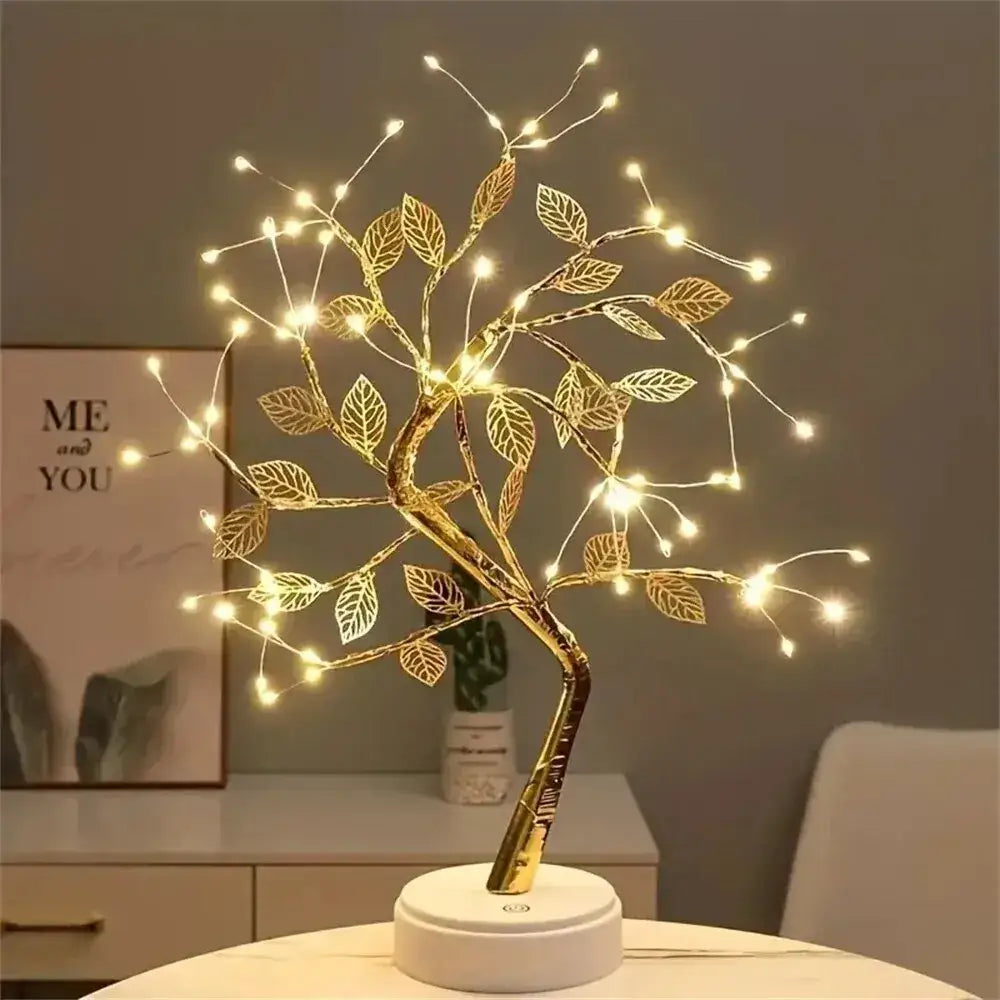 Golden tree fairy light rose leaf lamp – bedroom decoration