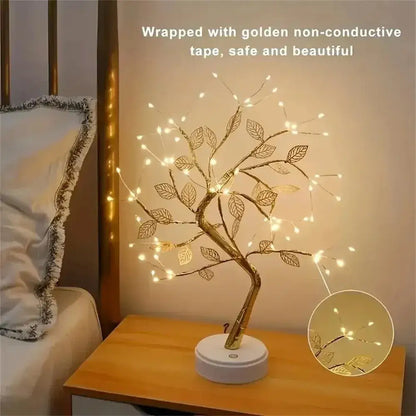 Golden tree fairy light rose leaf lamp – bedroom decoration