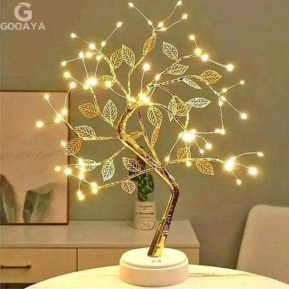 Golden tree fairy light rose leaf lamp – bedroom decoration