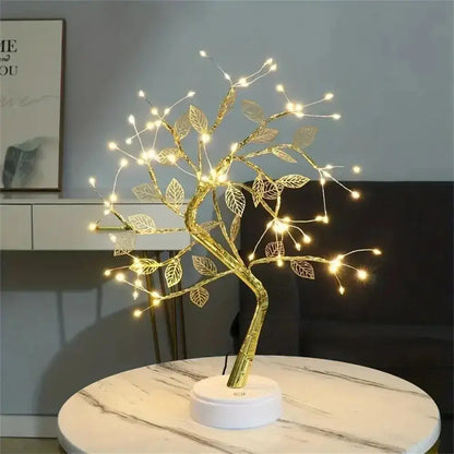 Golden tree fairy light rose leaf lamp – bedroom decoration