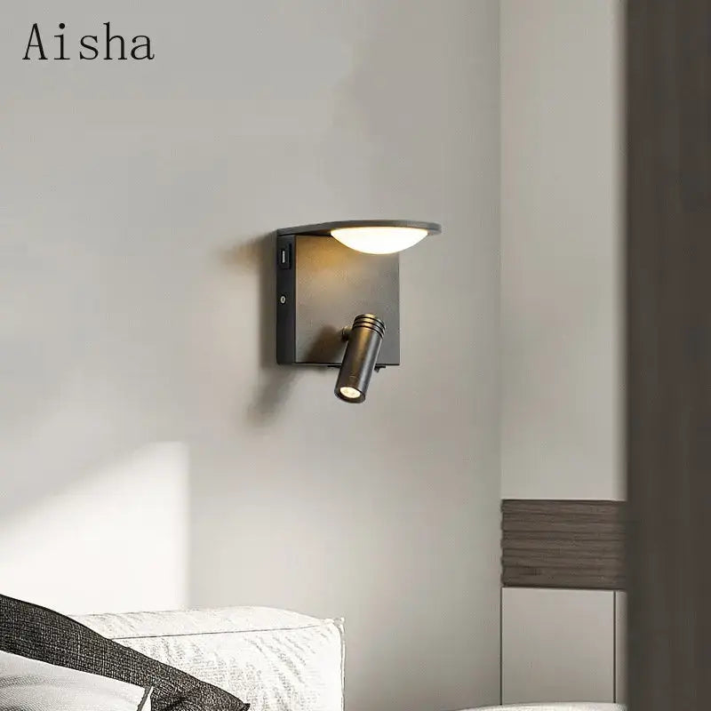 Modern black led rotary square wall lamp with usb for bedroom