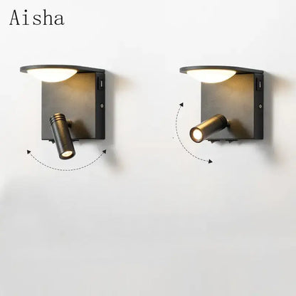 Modern black led rotary square wall lamp with usb for bedroom